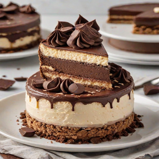 Generate an image of a decadent dessert featuring layers of chocolate cheesecake and vanilla cheesecake. The cake is topped with crushed cookies, chocolate ganache, and decorative chocolate frosting. Include chocolate sandwich cookies and crumbled cookie pieces as garnishes.