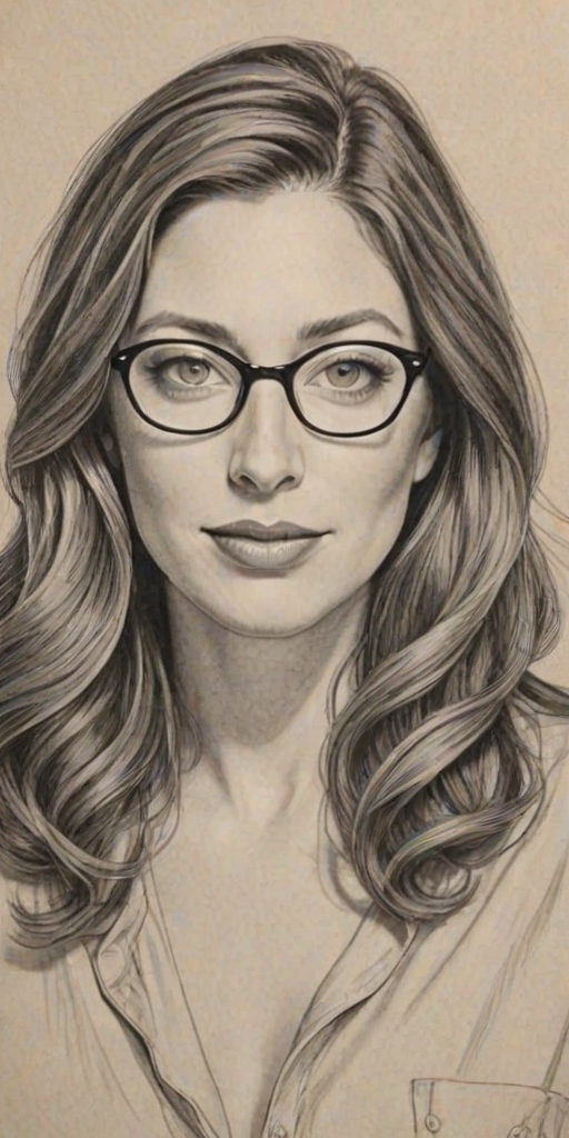 Enticing Chelsea Peretti, pencil sketch, portrait of Gorgeous woman 1944s in glasses, hair style beatnik, outline, clear lines, fine lines, 8k