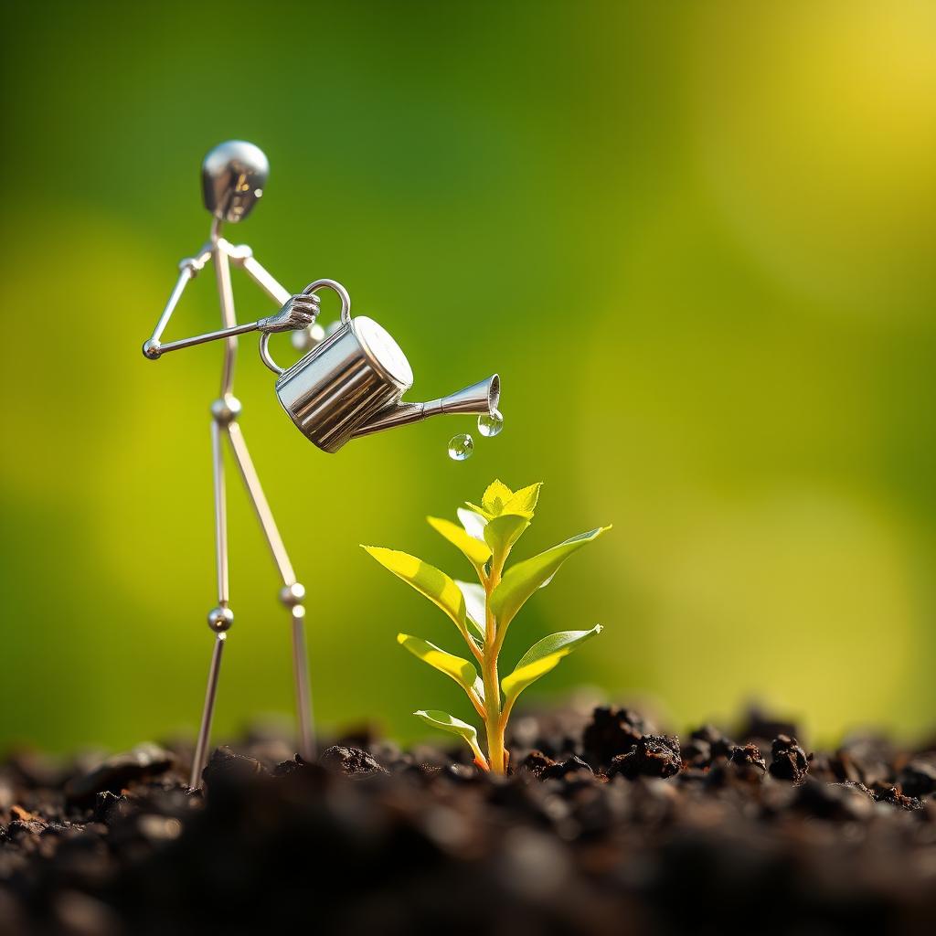 A metal figurine of a person, constructed from thin, silver rods, stands on the left side of the image, facing the viewer. The figurine is holding a small watering can and pouring water onto a young plant, with a few droplets in the air. The plant, with lush green leaves, is situated in the center, growing from dark soil. The background is a soft, out-of-focus blur of green, illuminated by warm, natural light.  The composition creates a sense of depth and intimacy. The image evokes feelings of growth, nurture, and hope.