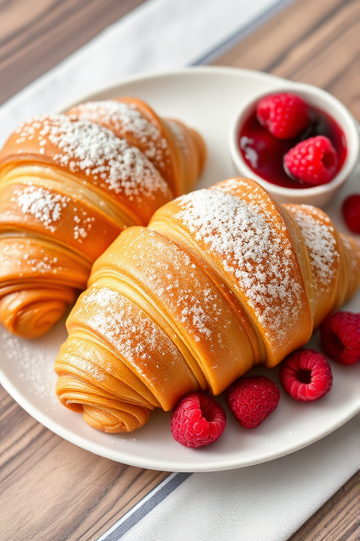 A beautifully arranged plate of freshly baked croissants dusted with powdered sugar, served with a small bowl of raspberry jam and a side of plump raspberries, captured with a Canon EOS R5, 50mm lens, f/2.8 aperture, ISO 200, natural light, shallow depth of field.