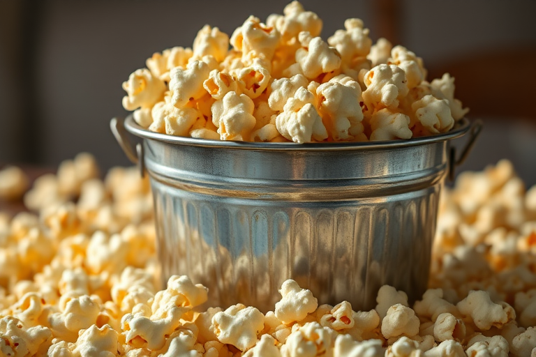 A high-resolution image of a silver bucket overflowing with buttery popcorn, shot with a Canon EOS R5 at f/2.8, 1/100s, ISO 100, with a soft-focus background and natural light to enhance texture and detail.
