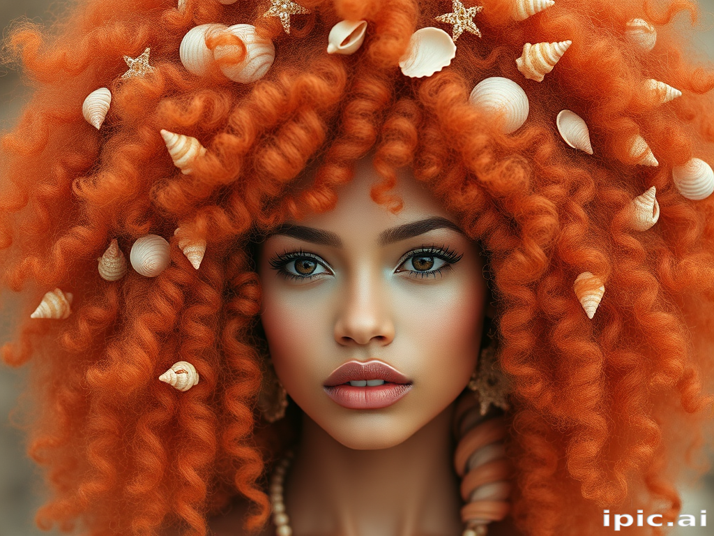 Captivating coral-haired muse with a voluminous, curly afro adorned with delicate seashells and iridescent accents