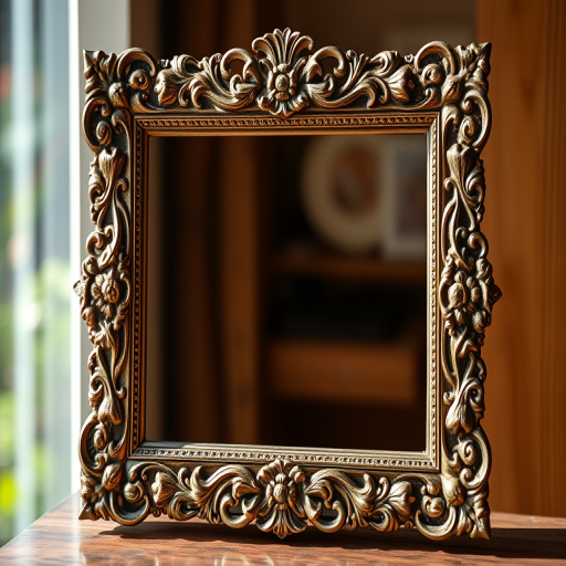 Create a highly detailed image of an ornate picture frame with intricate floral designs, using a DSLR camera at f/2.8 aperture for shallow depth of field, ISO 100 for minimal noise, and a 50mm lens capturing the frame from a straight-on perspective with natural lighting to enhance texture and contrast.