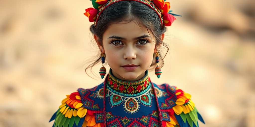A beautiful Kurdish girl, wearing colorful bird clothing with vibrant colors