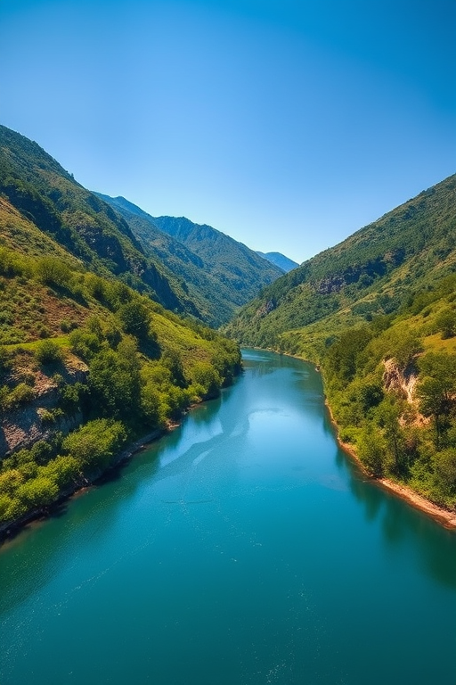 Landscape photography of a tranquil river surrounded by lush green hills under bright blue sky, shot with a Canon EOS R5, 24mm lens, aperture f/8, shutter speed 1/250 sec, ISO 100, in HDR style for enhanced detail and vibrancy.