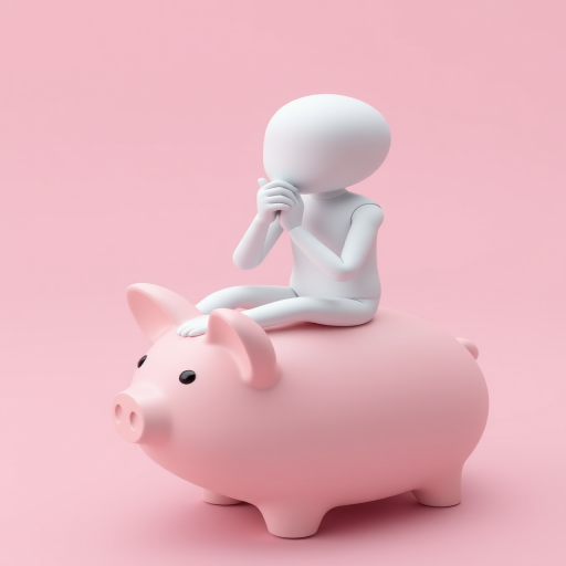 Create a 3D render of a thought-provoking humanoid figure with a smooth white finish, sitting thoughtfully on a light pink piggy bank, with soft lighting, a camera angle of 45 degrees, aperture set to f/8, ISO 100, and use a Canon EOS R5 camera type with a prime lens for enhanced depth of field.