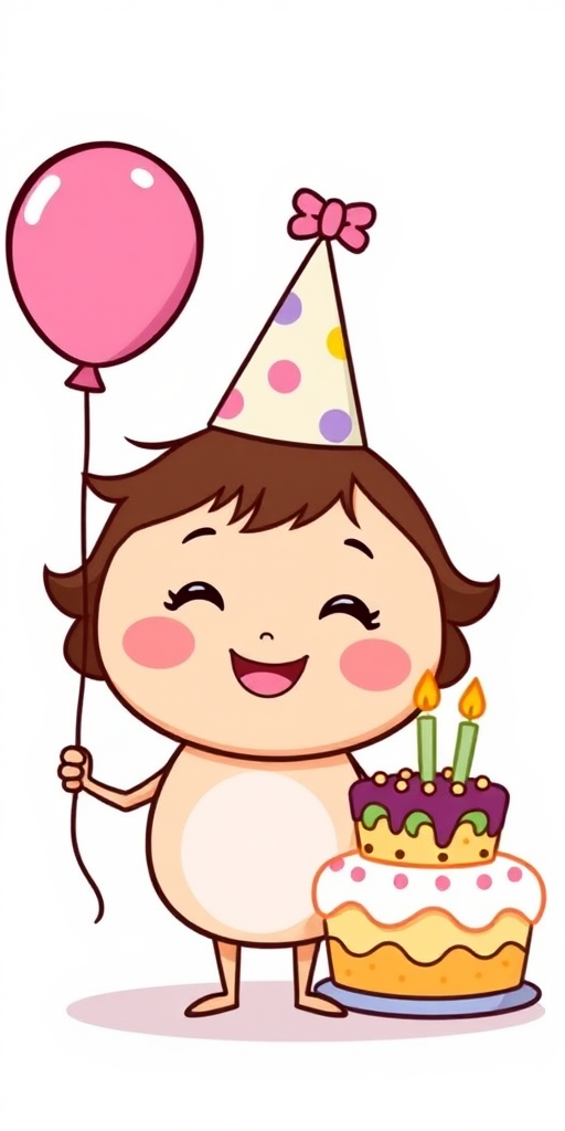 A cute cartoon character with a round body wearing a party hat holding a pink balloon in one hand and a colorful birthday cake with a candle in the other hand, smiling happily, in a simple and cheerful style.