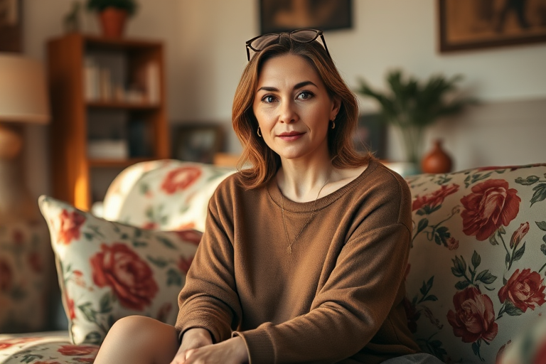 portrait of a woman sitting on a floral couch in a cozy room with warm lighting, soft focus, natural light, 50mm lens, f/1.8, ISO 100, shallow depth of field, DSLR camera