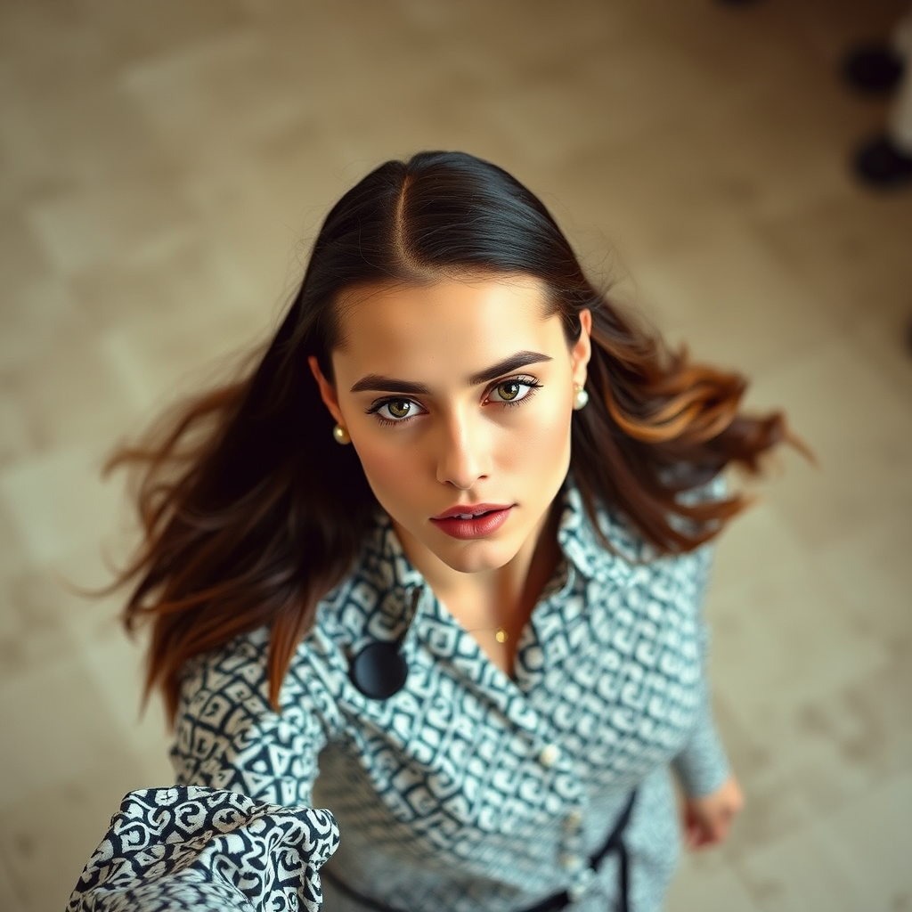 Capture the model from a high angle, emphasizing the outfit’s pattern and silhouette. Use a 35mm prime lens to maintain sharpness and minimize distortion