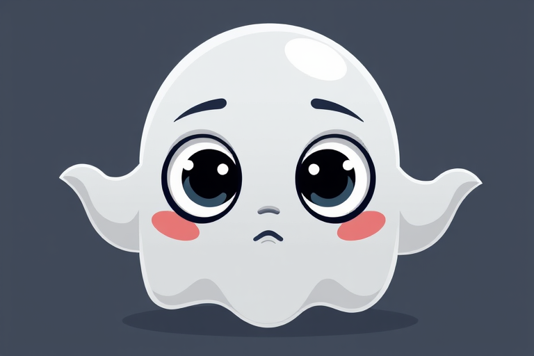 Create a high-resolution, stylized illustration of a cartoon ghost with large expressive eyes, in a flat design style, using a Canon EOS R5 camera, 50mm lens, f/2.8 aperture, ISO 100, and a soft, diffused lighting setup for enhanced detail and clarity.