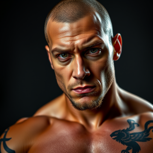 portrait of a muscular man with a tattoo, dramatic lighting, high contrast, sharp focus, taken with a Canon EOS 5D Mark IV, 85mm lens, aperture f/1.8, ISO 100, 1/200 sec, 45-degree angle view, softbox lighting for enhanced details