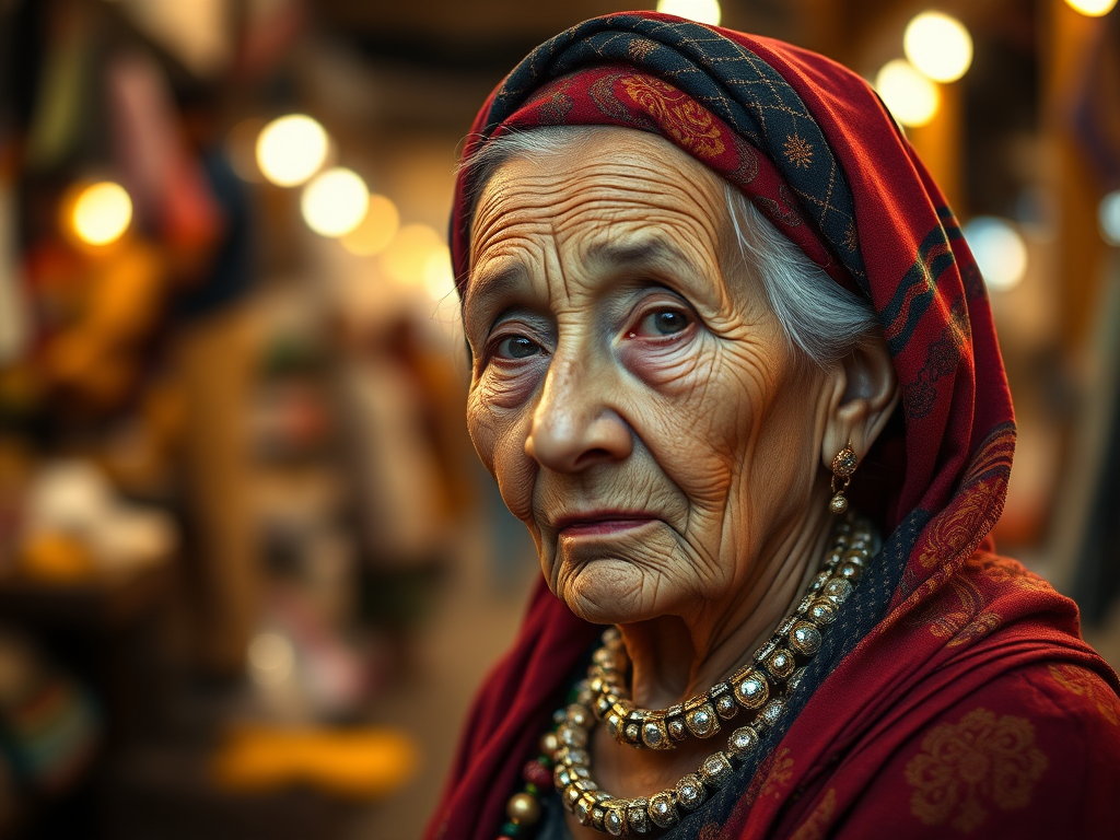 portrait of an elderly woman with intricate facial features, wearing a richly colored headscarf and layered jewelry, in a bustling market setting with warm ambient lighting, using a Canon EOS R5 with a 50mm lens, aperture f/1.8, ISO 100, 1/200s, shallow depth of field, soft focus background, high dynamic range.