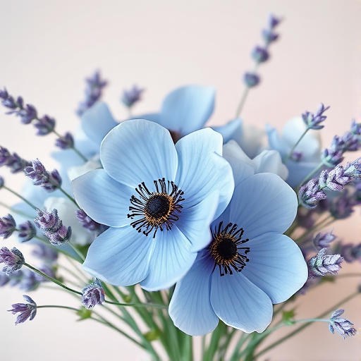 Create an elegant floral arrangement featuring large soft blue anemones and delicate lavender sprigs, set against a light pastel background; use a DSLR camera with a 50mm lens, aperture f/2.8, ISO 100, and natural lighting to achieve a sharp focus and soft bokeh effect.