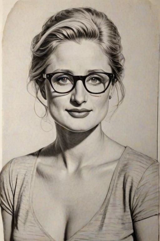 Fascinating Mamie Gummer, pencil sketch, portrait of Lovely woman 1956s in glasses, hair style beatnik, outline, clear lines, fine lines, 8k