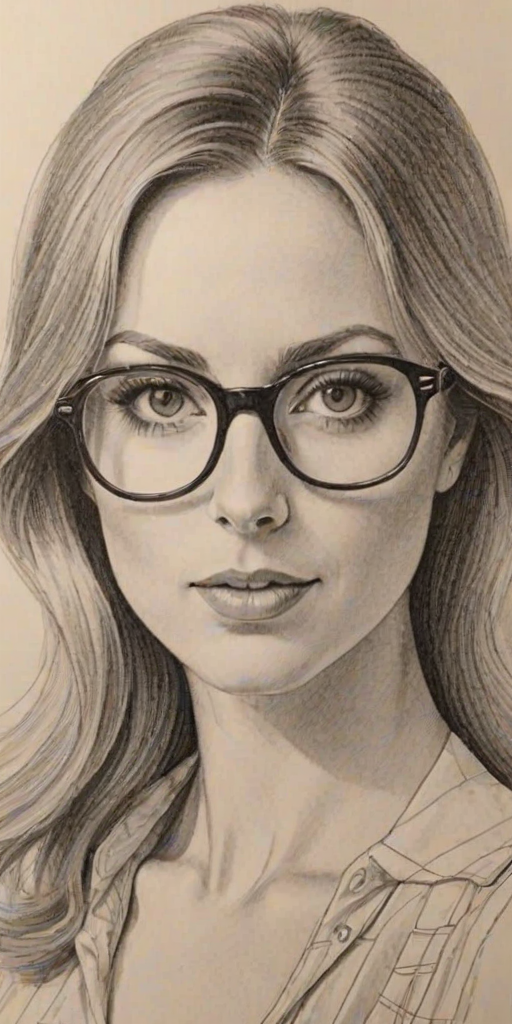 Fetching Eva Amurri, pencil sketch, portrait of Stunning woman 1970s in glasses, hair style beatnik, outline, clear lines, fine lines, 8k