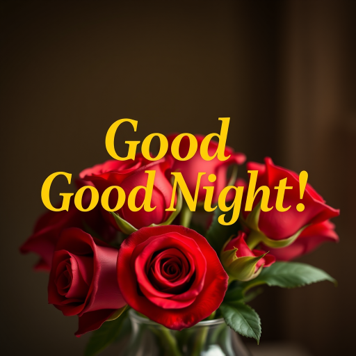 Create an image with the text "Good Night!" in golden Garamond font, placed atop a delicate vase filled with vibrant red roses, with soft focus and warm lighting effects.