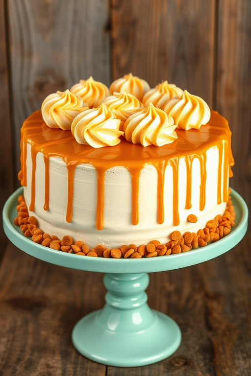 Create an image of a round cake with a smooth caramel topping and swirls of buttercream frosting on top. The sides of the cake should be covered in caramel chips and drizzled with caramel sauce. Display the cake on a mint green cake stand against a rustic wooden background.