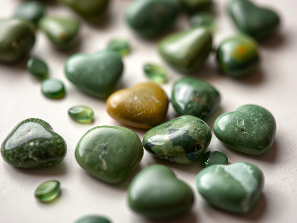 macro shot of various green heart-shaped stones arranged on a light surface, focus on texture and color depth, aperture f/2.8, shutter speed 1/60 sec, ISO 100, shot with a DSLR camera using a 100mm lens, natural light illumination