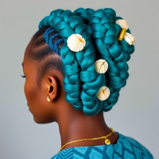 Bold teal and turquoise box braids styled in an intricate updo featuring cowrie shells and gold cuffs, called "Mermaid's Treasure" celebrating cultural heritage and ocean inspiration