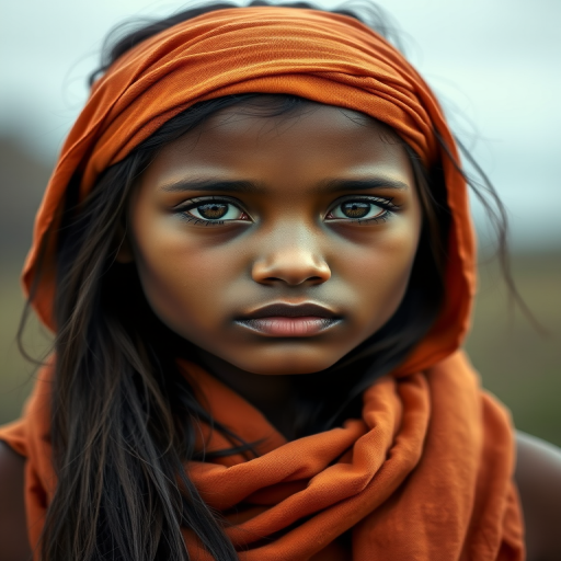 Create a portrait of a young Taino female with long, dark hair and captivating hazel eyes. She is wearing a orange headscarf and a matching scarf draped gracefully around her neck. The background is softly blurred, focusing attention on her serene and natural expression. The overall color palette is muted and warm, enhancing the intimate and authentic feel of the portrait.