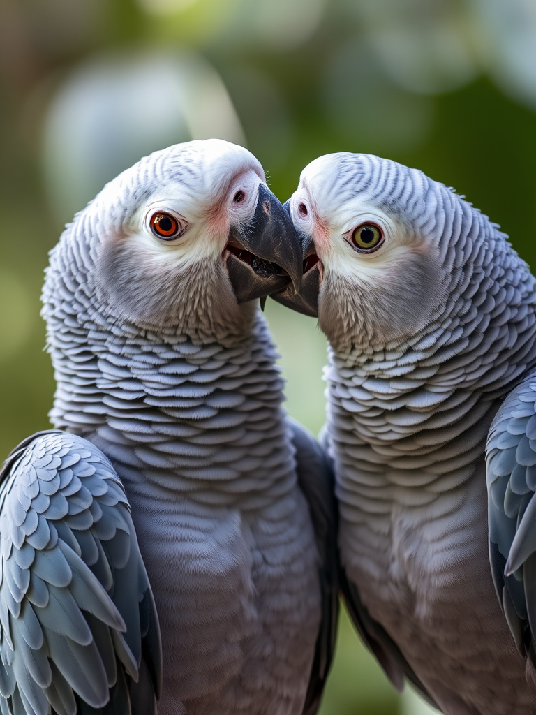 Close-up of two grey parrots interacting, natural light, aperture f/4, shutter speed 1/200s, ISO 400, 50mm lens, shallow depth of field, soft bokeh background, taken with a DSLR camera.
