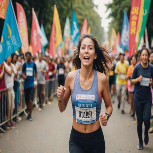 Blurry action shot of a woman participating in a community run, her face full of determination, colorful banners lining the path, and supporters cheering in the background.