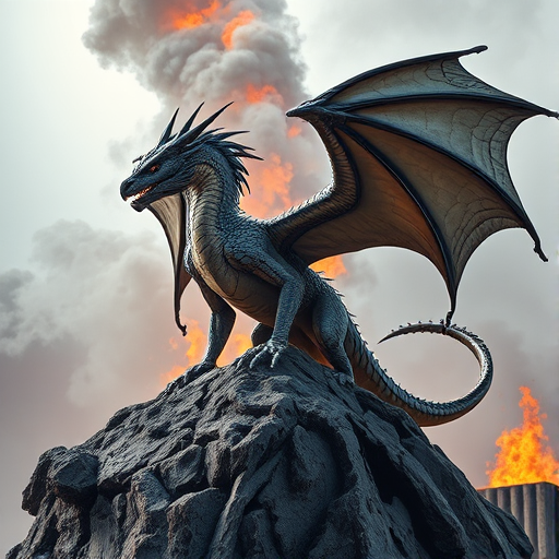 Create a high-resolution image of a majestic dragon perched on a rocky outcrop, wings spread wide, with flames and smoke behind it, captured with a DSLR camera at 50mm, f/1.8 aperture, ISO 100, and a low angle view in dramatic lighting to enhance the details and textures.