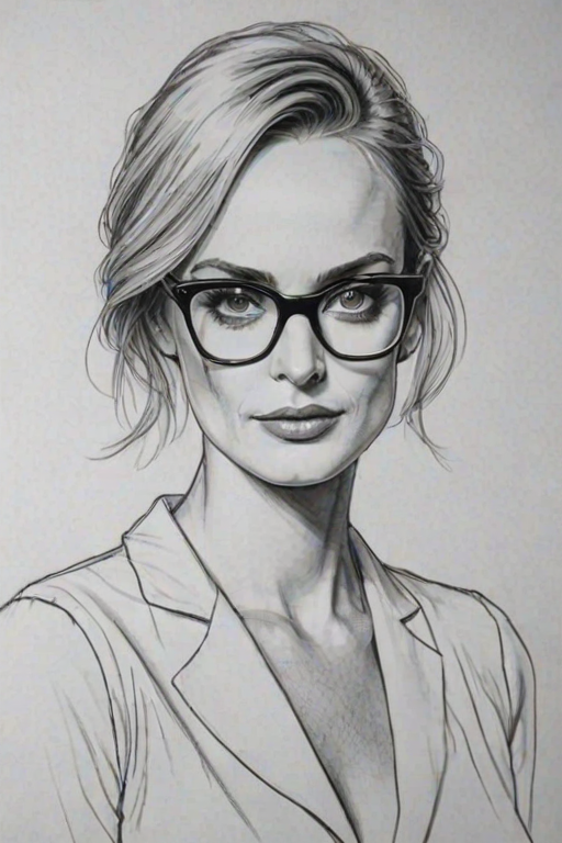 Wonderful Amber Valletta, pencil sketch, portrait of Fascinating woman 1965s in glasses, hair style beatnik, outline, clear lines, fine lines, 8k