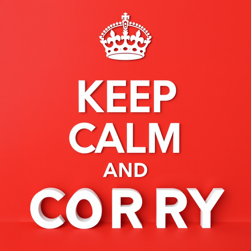 Create a vibrant wall art piece with the text KEEP CALM AND CARRY ON in bold white letters, featuring a classic crown above the text, against a textured red background, captured with a DSLR camera at f/2.8 aperture, ISO 100, 50mm lens, in a flat lay perspective to enhance depth and clarity.