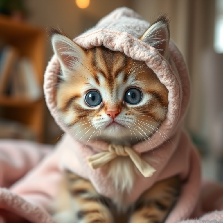 Cute fluffy cat with large expressive eyes wearing a cozy hooded blanket in soft pastel colors sitting indoors with a warm and inviting ambiance