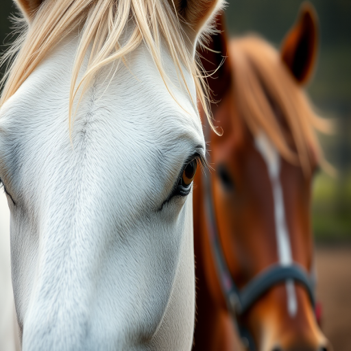 Capture a close-up of a white horse with a blurred brown horse in the background, using a Canon EOS R5, f/2.8 aperture, 85mm lens, ISO 100, natural lighting, focus on the horse's eyes for enhanced detail.