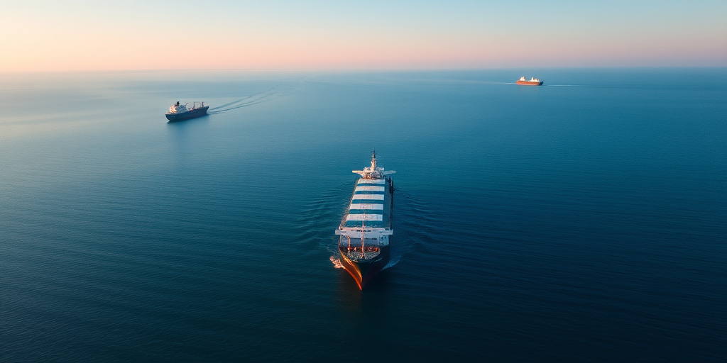 aerial view of a large cargo ship anchored in calm blue waters, with distant ships on the horizon, shot with a DJI Mavic 2 Pro, aperture f/4, ISO 100, shutter speed 1/500s, early morning light for enhanced clarity and color vibrancy