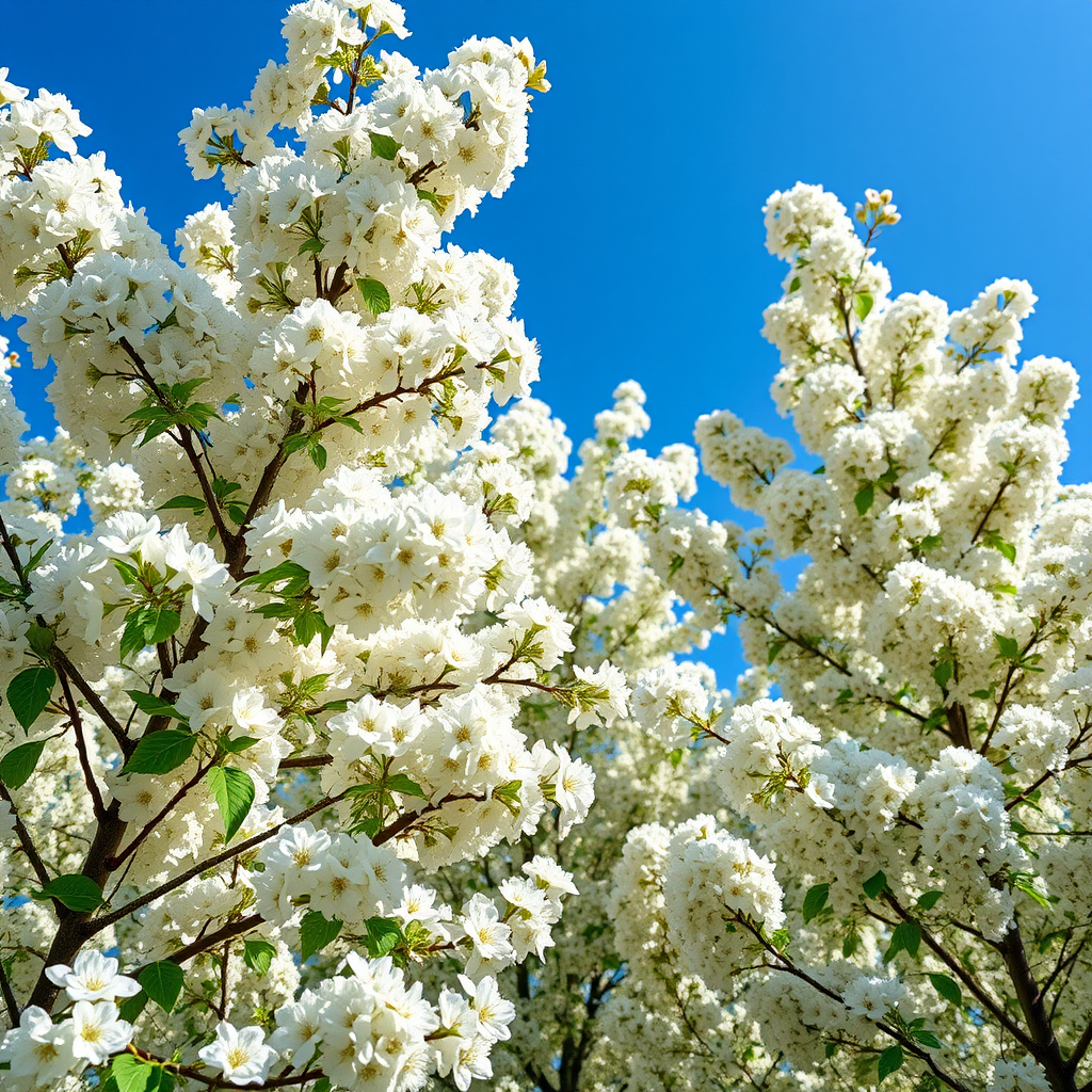 generate an image of white flowering trees under a clear blue sky, close-up view, aperture f/2.8, ISO 100, shutter speed 1/200, DSLR camera, natural lighting