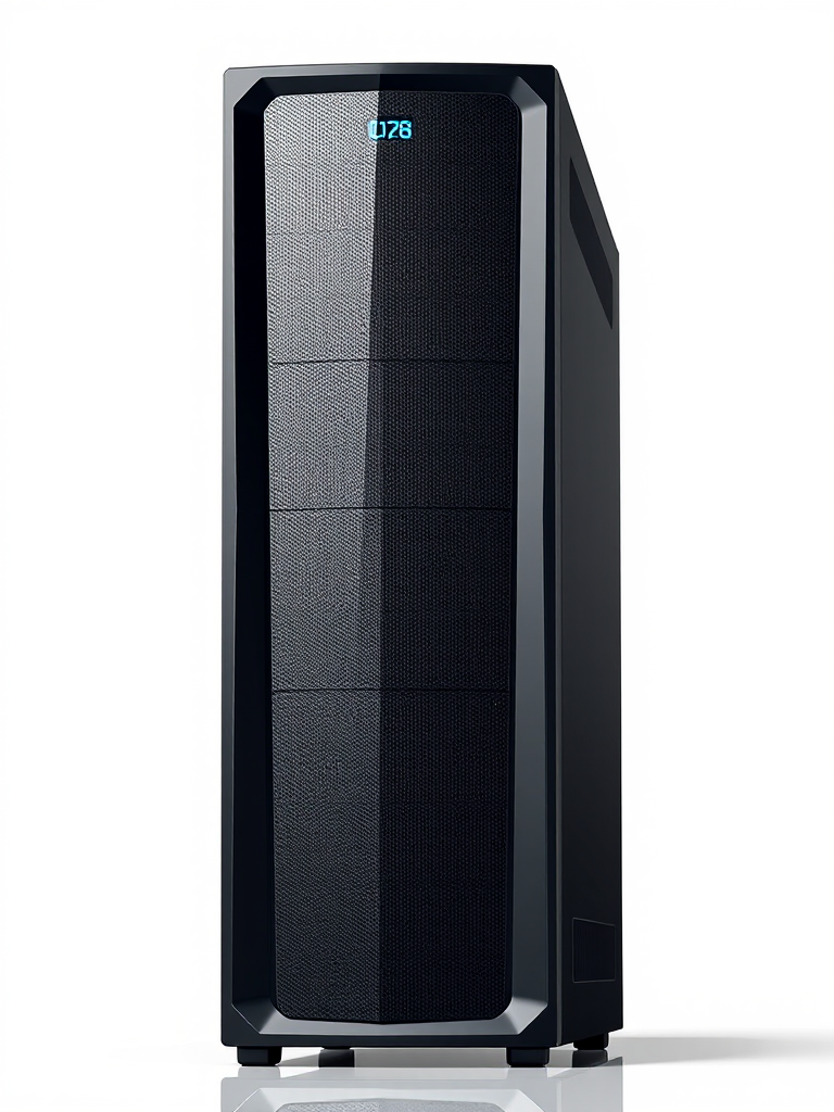high-resolution image of a server tower with a sleek, modern design, minimalistic background; camera settings: ISO 100, f/8, 1/125s; camera view: front view; camera style: digital illustration; camera type: DSLR