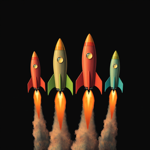Create a digital illustration of four colorful vintage rockets soaring through space against a black background, with detailed flames trailing behind, using a Canon EOS R5, 50mm lens, f/1.8, ISO 100, shot from a low angle to emphasize the rockets' ascent and enhance image clarity.