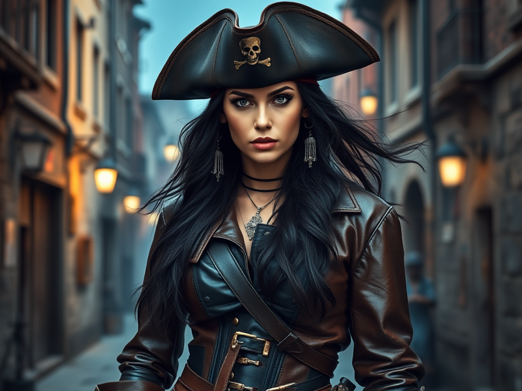 Create a portrait of a fierce female pirate. She wears a leather tricorn hat adorned with a skull and crossbones emblem, and her long, dark hair flows around her face. Her outfit consists of a richly detailed leather jacket, a corset, and multiple layers of belts and accessories, giving her a formidable and stylish appearance. She stands confidently in a dimly lit, historic port town, with a backdrop of weathered buildings and cobblestone streets, capturing the adventurous spirit of a pirate.