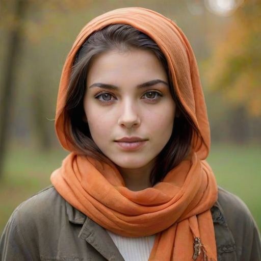Create a portrait of a young Caucasian woman with long, dark hair and captivating hazel eyes. She is wearing a orange headscarf and a matching scarf draped gracefully around her neck. The background is softly blurred, focusing attention on her serene and natural expression. The overall color palette is muted and warm, enhancing the intimate and authentic feel of the portrait.
