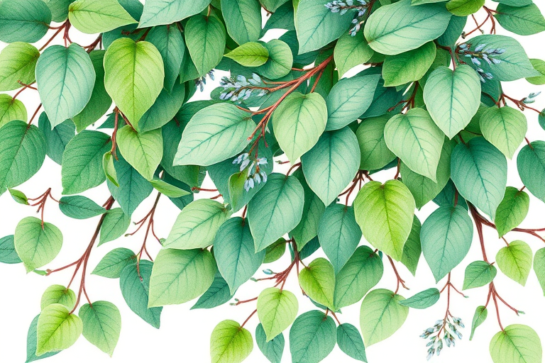 create a vibrant watercolor illustration of leafy greenery with varied shades of green and subtle blue accents, featuring delicate details and a soft white background, captured with a Canon EOS 5D Mark IV, 50mm lens, f/1.8 aperture, using natural lighting for enhanced saturation and texture.