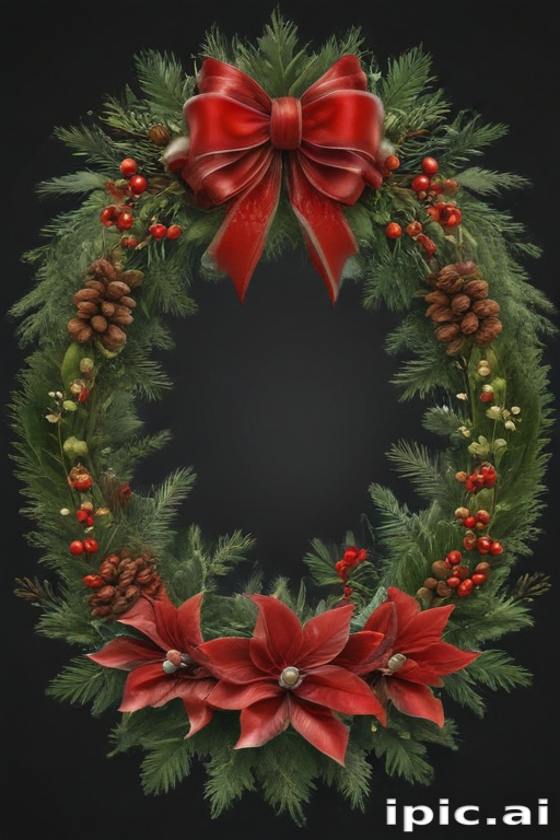 Beautifully Decorated Christmas Wreath with Red Bow and Pine Cones