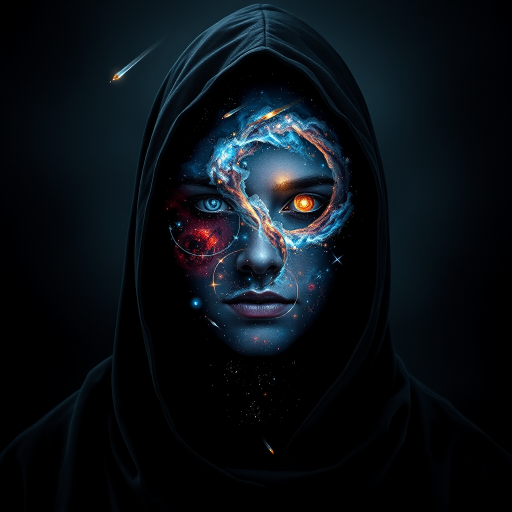 A mysterious hooded figure stands silently, the dark cloak flowing around them like shadows. Beneath the hood, their face is a mesmerizing cosmic scene where swirling galaxies, radiant stars, and vibrant planets form the features. Nebulas drift where eyes should be, glowing softly, while delicate streaks of cosmic energy trace the outlines of a nose and lips. Comets streak across the vastness of their face, and faint constellations pulse with life. The entire visage shifts and evolves as if the universe itself is contained within the figure, giving an ethereal, otherworldly presence to their form.