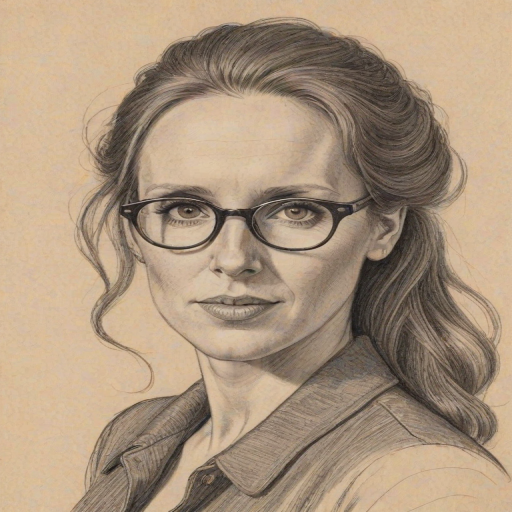 Comely Catherine Tate, pencil sketch, portrait of Bewitching woman 1946s in glasses, hair style beatnik, outline, clear lines, fine lines, 8k