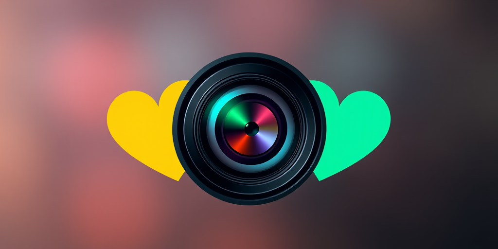 Create a vibrant and colorful logo featuring a camera lens at the center, surrounded by four heart shapes in yellow, red, green, and blue, with a depth of field effect, using a Canon EOS R5, f/2.8 aperture, ISO 100, and 50mm lens for sharpness and clarity.