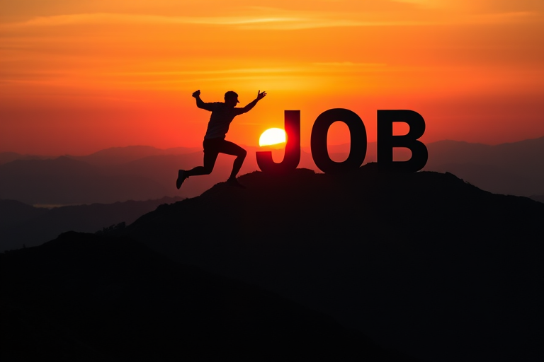 Create an image of a silhouetted figure leaping towards the word JOB on a mountain, captured at sunset with a Canon EOS R5, 50mm lens, f/1.8 aperture, ISO 200, and a wide-angle perspective to enhance depth.
