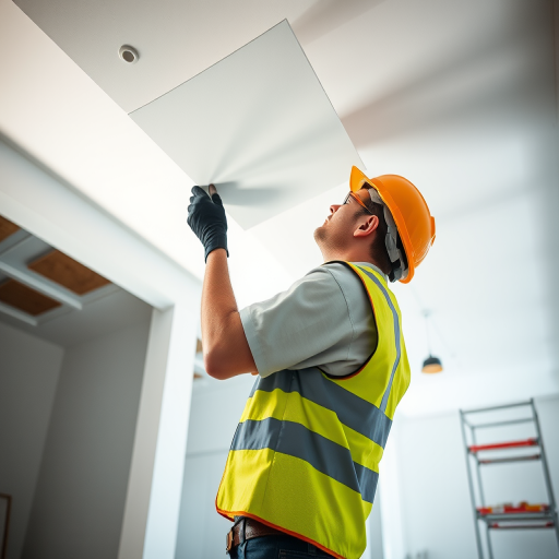 A construction worker installing a ceiling panel in a well-lit interior space, wearing a safety vest and helmet, captured with a Canon EOS 5D Mark IV at f/8, ISO 200, 1/125 sec, using a wide-angle lens for a clear view of the workspace and scaffolding in the background.