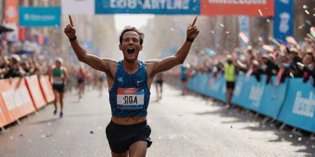 Blurry shot of a marathon runner crossing the finish line, arms raised in victory, with a cheering crowd behind a blurred banner, and confetti falling in mid-air.