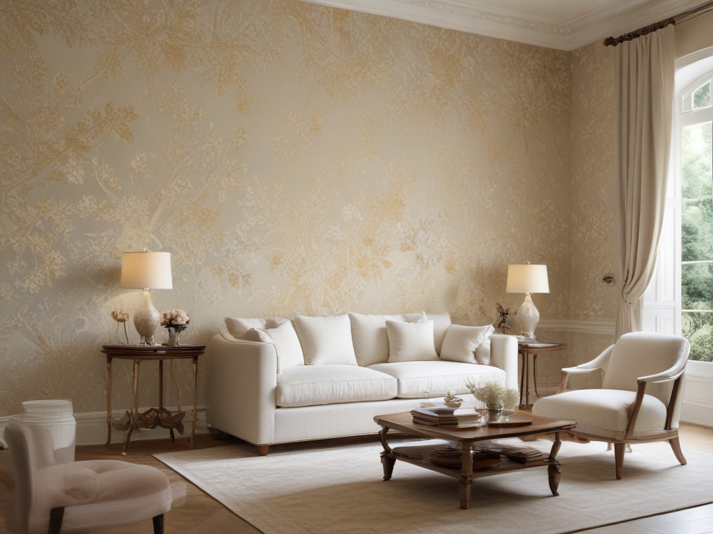 Elegant Living Room with Floral Wallpaper and Cozy Seating Arrangements.