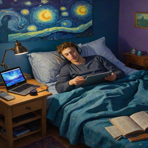 A top-down Van Gogh-style painting of a young man lying on his bed, listening to music with headphones. The room is softly lit with deep blues and purples, creating a peaceful nighttime atmosphere. The bed has a soft pillow, and the man's arms are resting behind his head. Around the bed, various glowing gadgets such as a smartphone, a laptop, and a small lamp are visible, casting a gentle light. The rest of the bedroom includes a desk with books, a chair, and a small rug on the floor. A window near the bed reveals a starry night sky with swirling stars, reminiscent of Van Gogh's 'Starry Night.' On the desk, there is a sketchbook with colorful drawings, a cup of coffee steaming gently, and a small potted plant. The walls have posters of famous paintings and a corkboard with pinned notes and photos. The scene is full of dynamic, swirling brushstrokes, capturing the essence of Van Gogh's unique style. The overall mood is serene and contemplative, with a touch of artistic inspiration.