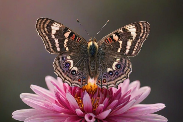 Generate an image of a butterfly with intricate patterns resting on a pink flower, with a softly blurred dark background.