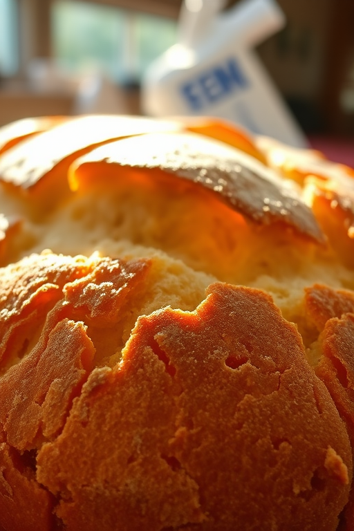 Sharp, high-resolution close-up of a freshly baked loaf of bread, golden crust crackling under the light, soft steam rising from a slice, the smell of warm dough filling the air, sunlight streaming through a nearby window.