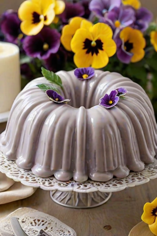 Create an image of a beautifully decorated bundt cake with a light glaze on top. The cake should have a floral design using edible pansies in shades of purple and yellow. The setting should be bright and inviting, with a soft, textured background that complements the cake.